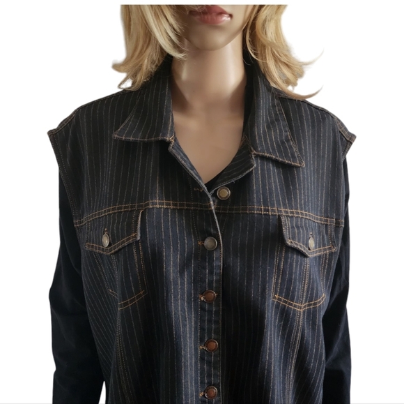 Juste pour moi black striped sleeveless jeans vest, plus size 2X - Picture 2 of 12